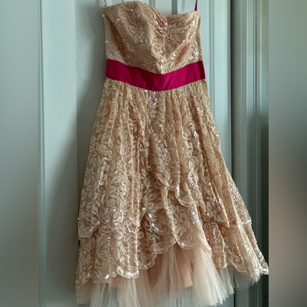 Pink Betsey Johnson Vintage style Lace Beaded Strapless Tea Party Dress